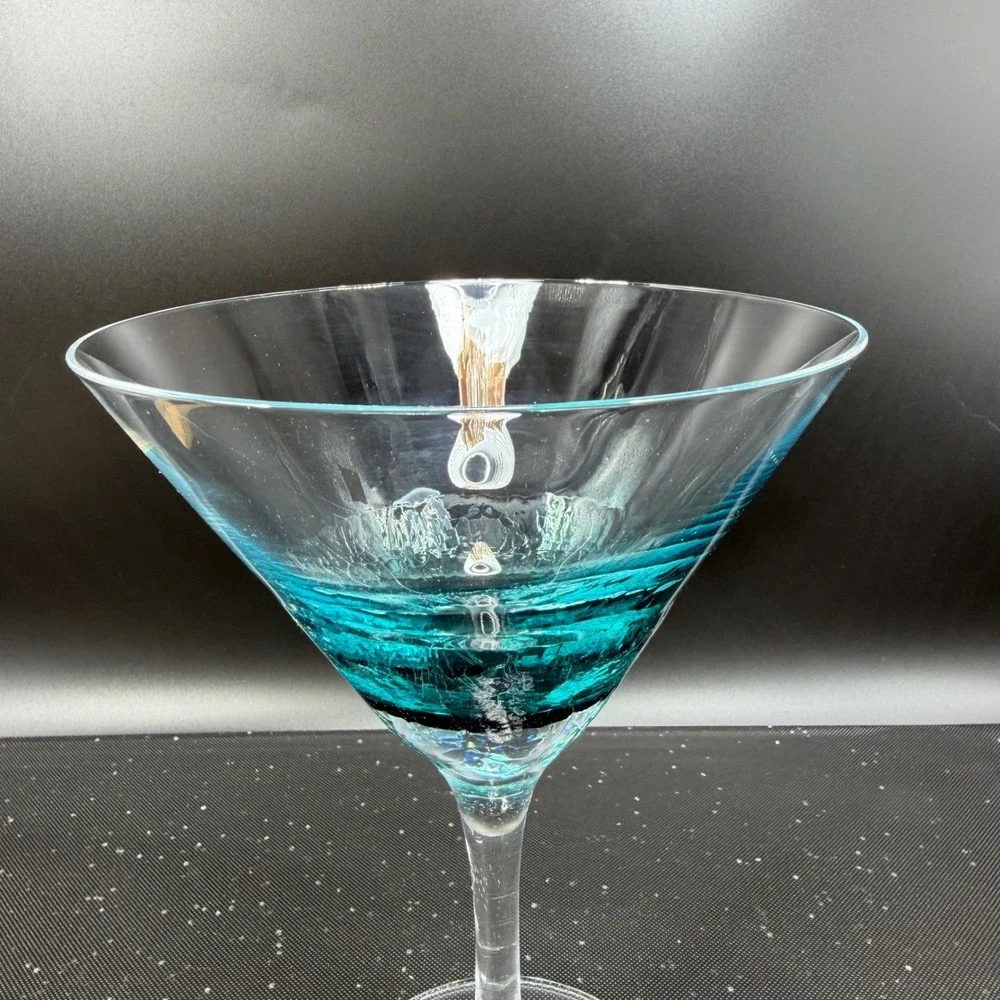 Pier 1 Teal Blue‎ Crackle Glass Martini Glasses Cocktail Stemware Cups Set of 2
